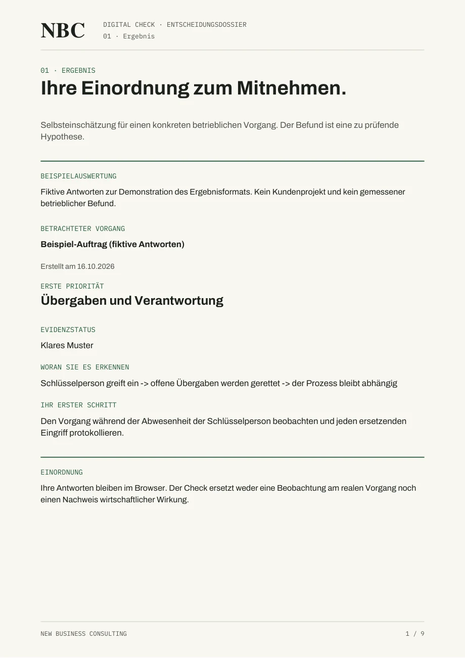 Erste Seite einer Beispielauswertung des Digital-Checks mit Ergebnis, erstem Schritt und Prozessbild